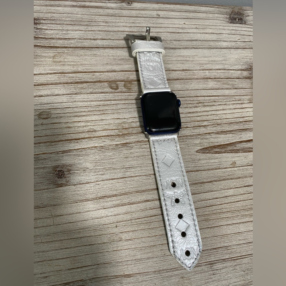 Elegant MCM Upcycled Leather Apple Watch Band Silver